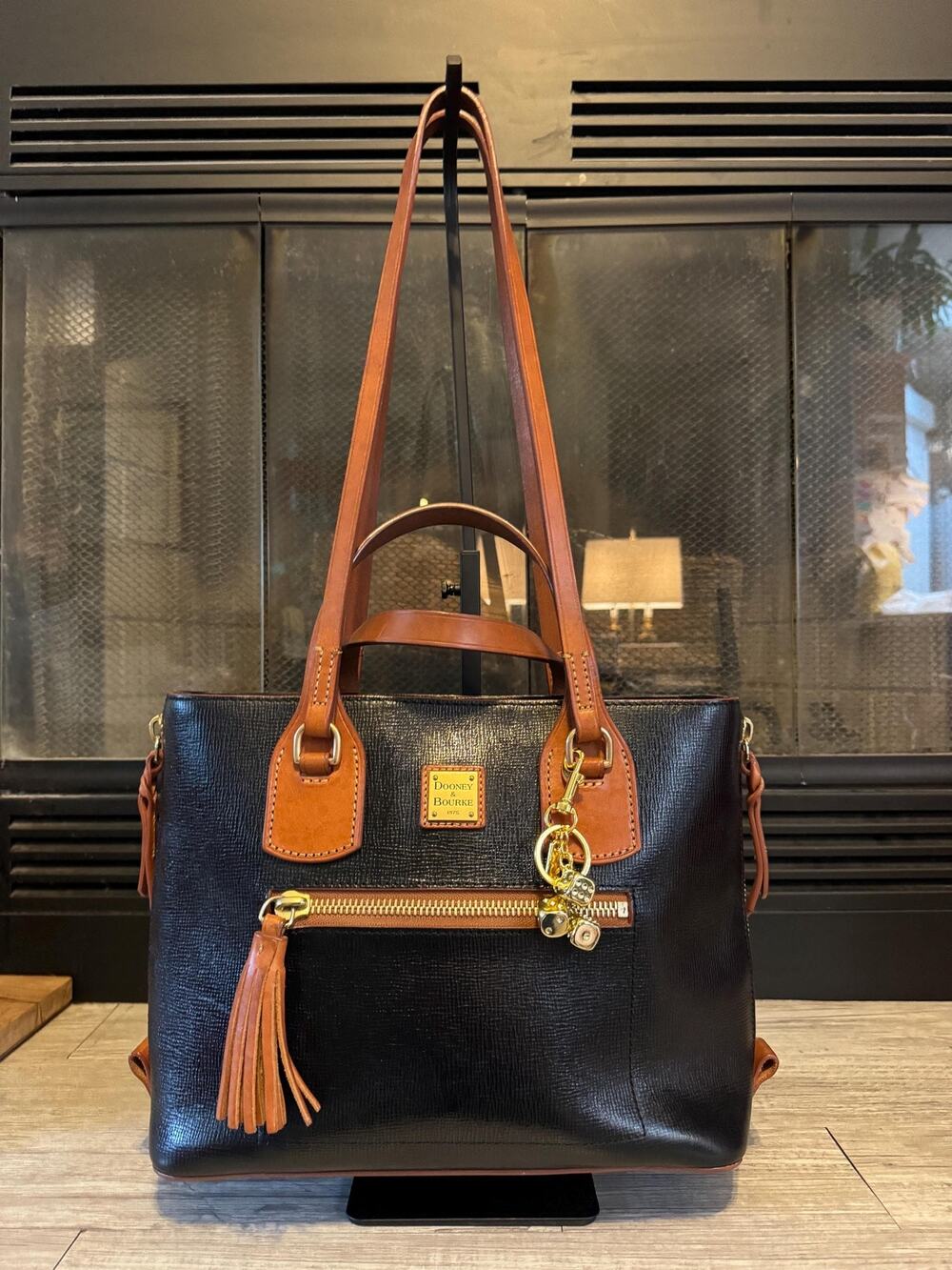 Dooney & Bourke Saffiano black British tan leather Morgan Tote handbag purse